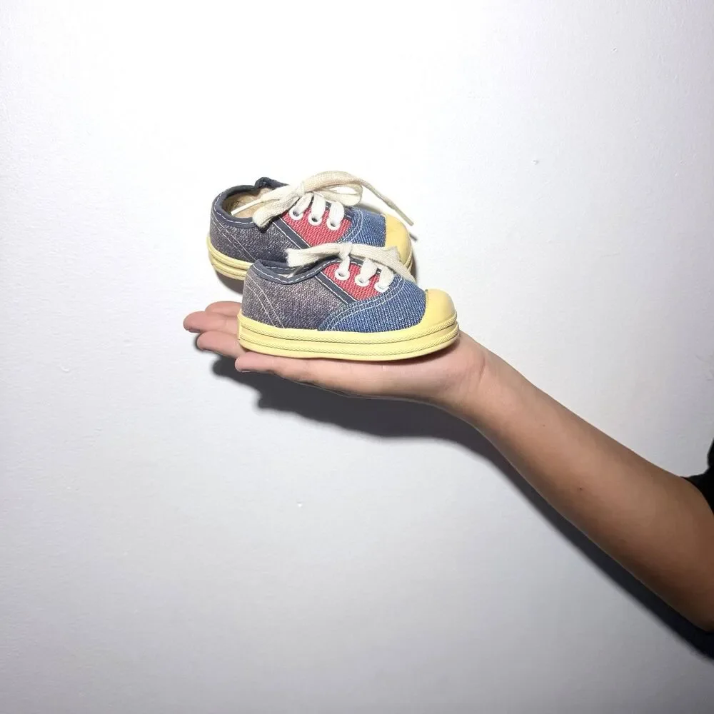 Vintage Baby Shoes Sneakers Size 2 Denim Blue & Red  Made USA
